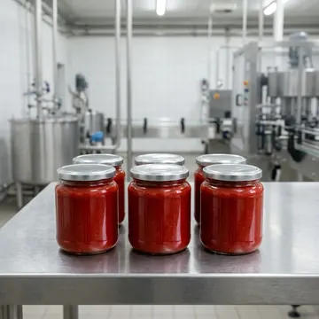 B2B commercial showcase of 500ml glass jars filled with dark red tomato paste and capped with silver twist-off lids.