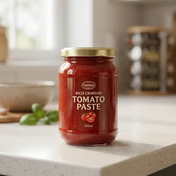 Finished round glass jar containing thick crimson tomato paste with gold metal twist-off cap.