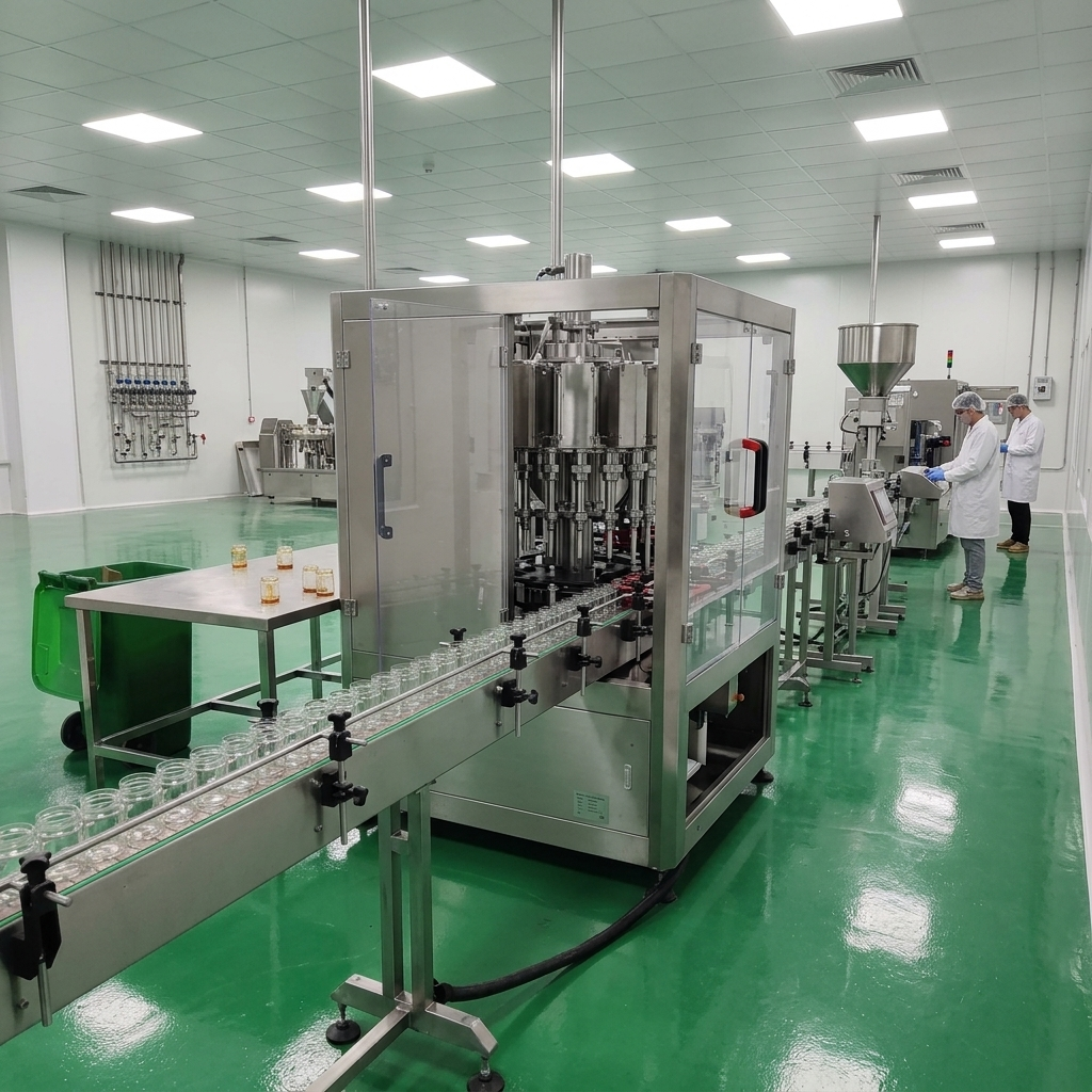 Современный цех упаковки пищевых продуктов, где стеклянные банки подаются на мультиголовочный дозатор.