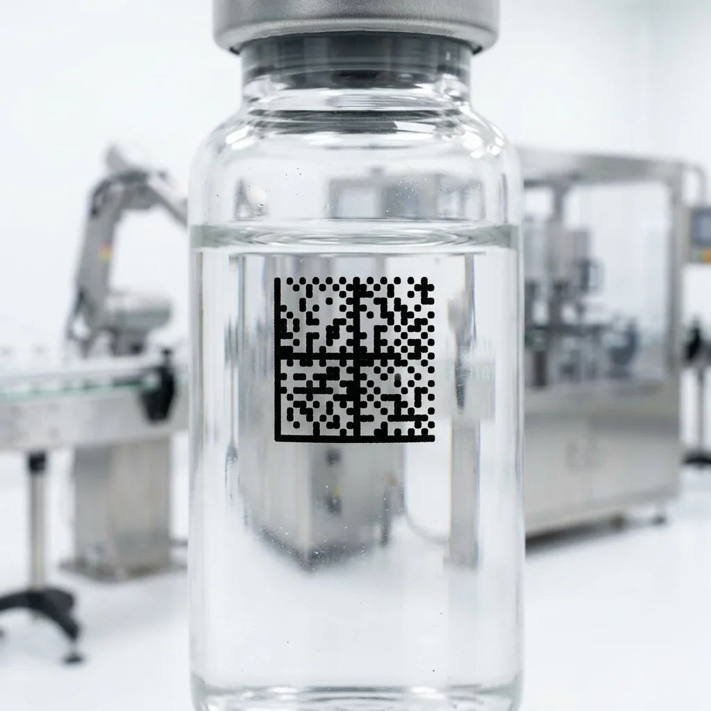 Лазерная маркировка кода DataMatrix на стеклянной банке для отслеживания продукции.