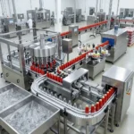 Бутылки выходят из ополаскивателя и разделяются распределительным шнеком.