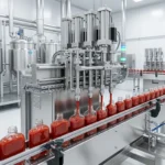 Наполненные плоские бутылки выходят из зоны розлива.