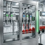 Начинается поршневой розлив; кетчуп впрыскивается в движущиеся бутылки.