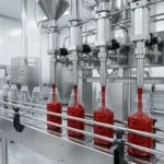 Наполненные пластиковые бутылки движутся дальше по конвейеру.