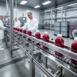 Плоские бутылки транспортируются на цепном конвейере с боковыми направляющими.